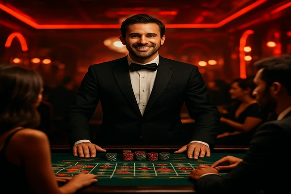 একজন পুরুষ অনলাইন গেমে জয় উদযাপন করছেন, চারপাশে qqgg-র গেমিং প্রতীকগুলো ভাসছে