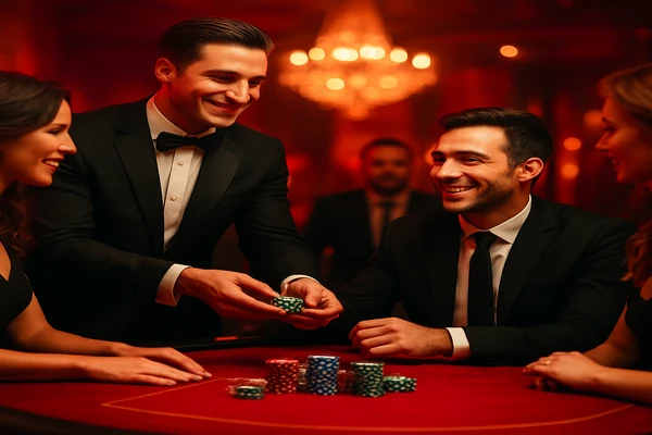 আলোকময় গেমিং পরিবেশে একজন আত্মবিশ্বাসী ডিলার ব্যবহারকারীদের qqgg অ্যাকাউন্টে নিরাপদ প্রবেশের আহ্বান জানাচ্ছেন।